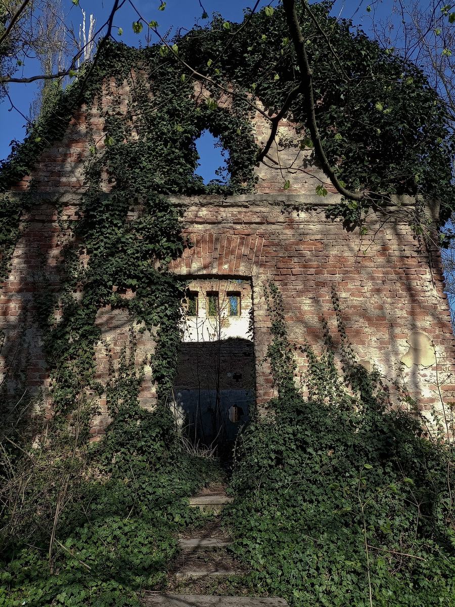 The roofless brick and plaster shell of a small chapel standing among trees, its windows empty and its walls streaked, surrounded by overgrown ground.