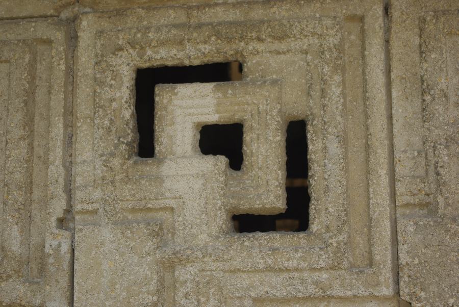 Close-up of a perforated patterned concrete textile block in the wall of the Ennis House