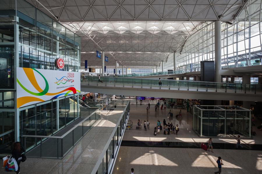 The departures hall of Hong Kong International Airport at Chek Lap Kok.