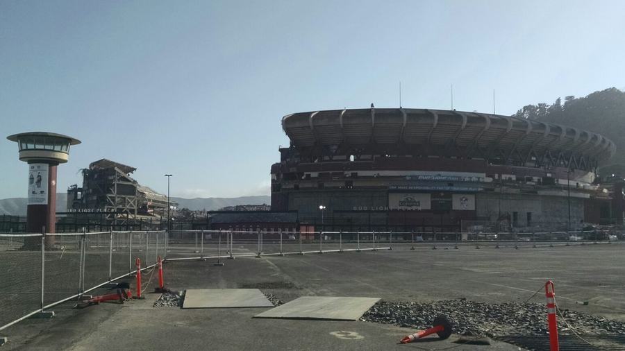 Candlestick Park part-demolished in May 2015, four years after the film staged its vaccination centre on the field.