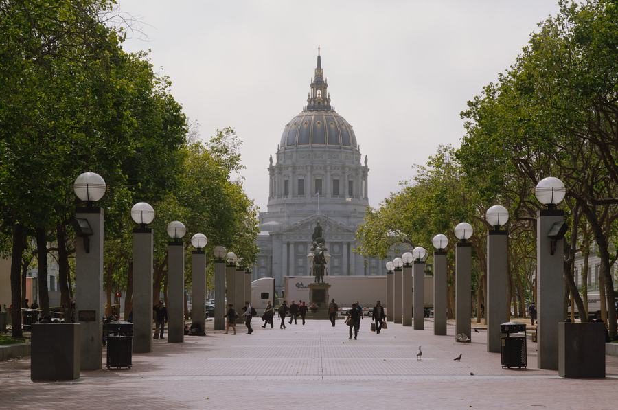 San Francisco City Hall behind the open ground of the Civic Center, where the crowd scenes of the collapse were filmed in February 2011.