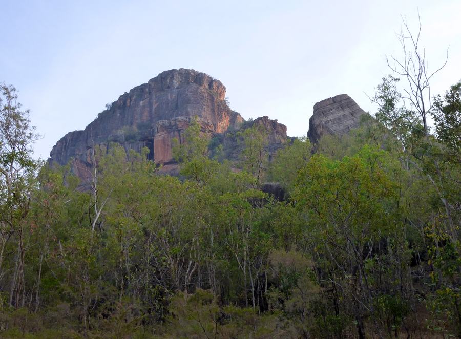 A blunt orange sandstone outcrop rising out of low green woodland under a pale sky.