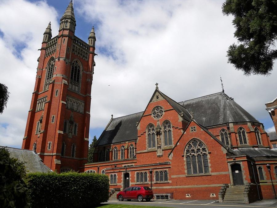 Red-brick Gothic church and tower at Princethorpe College, Warwickshire