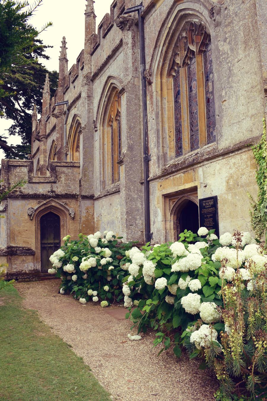 St Mary's Chapel at Sudeley Castle behind white hydrangeas
