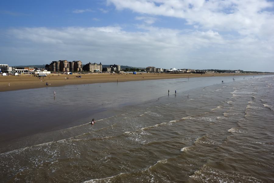 The wide sands of Weston-super-Mare with the Marine Parade terraces behind