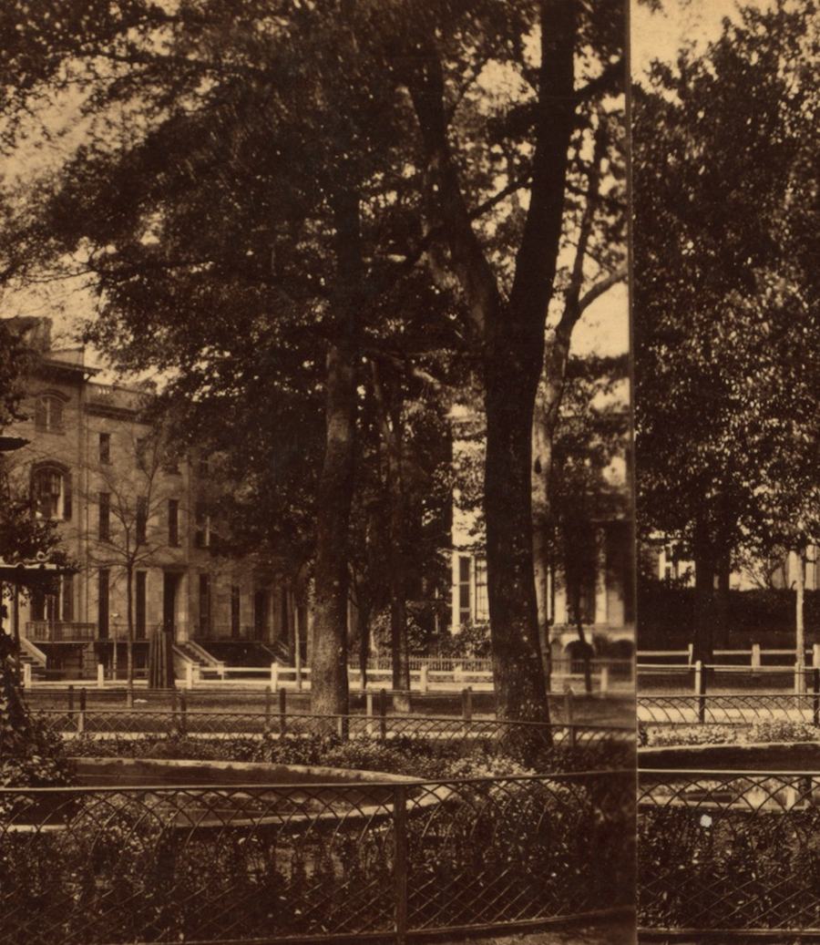 Sepia nineteenth-century photograph of Chippewa Square with iron railings and bare trees