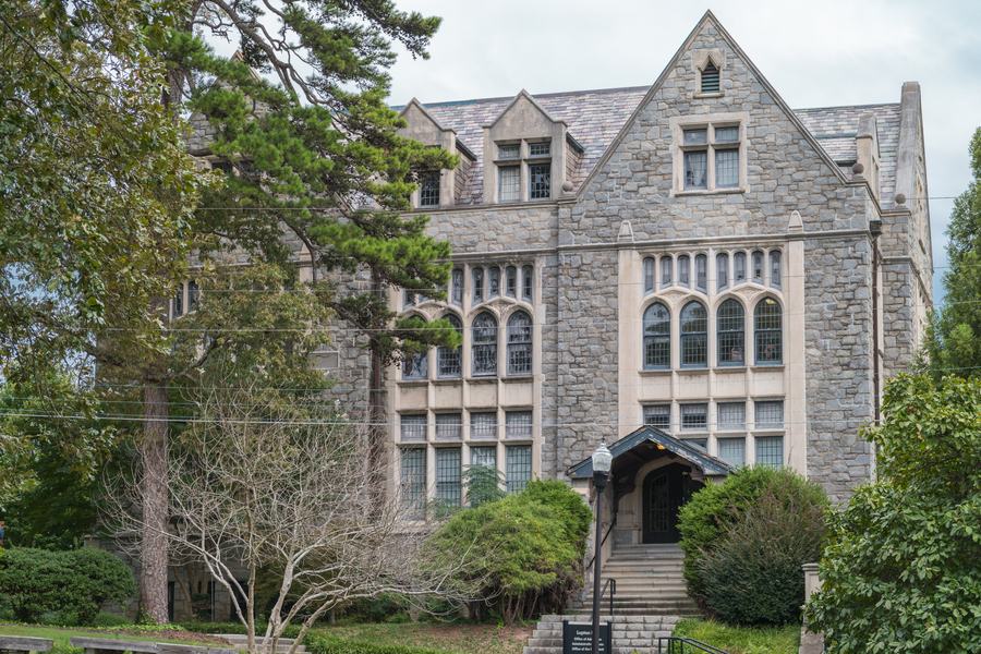 Gothic stone facade of Lupton Hall at Oglethorpe University, Atlanta