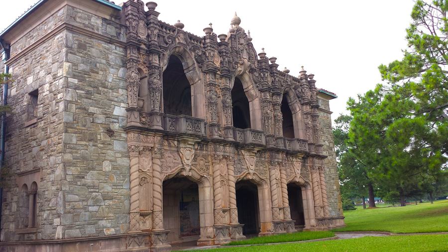 Ornate stone facade of Westview Abbey mausoleum, Atlanta