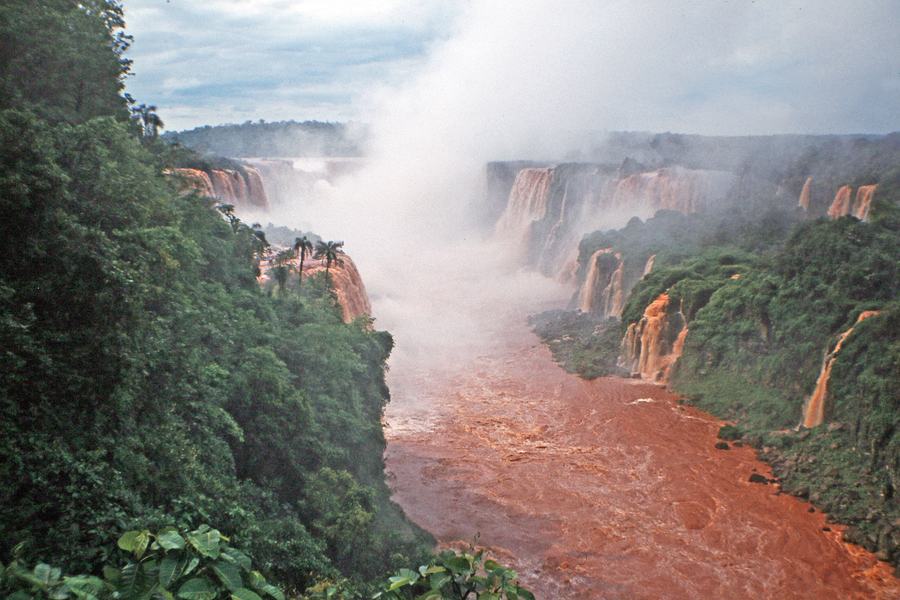 Iguazu Falls from the Brazilian side, a long curved wall of waterfalls dropping into a gorge, the river running red-brown with silt, forest above.
