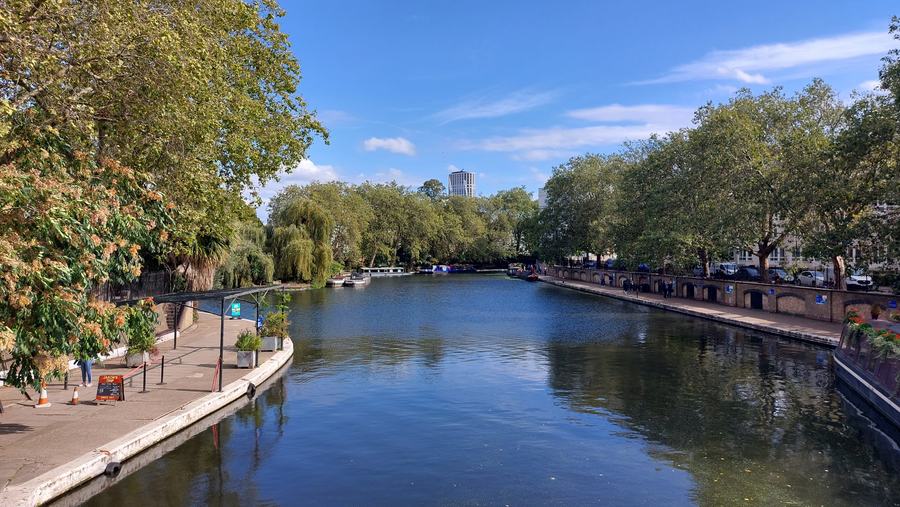 The wide canal basin at Little Venice under a blue sky, narrowboats moored along both banks, trees on either side.