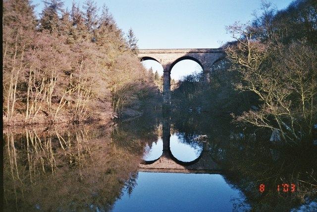 Nidd Viaduct seen from the water: two stone arches and their reflection in the still River Nidd, wooded banks on both sides.