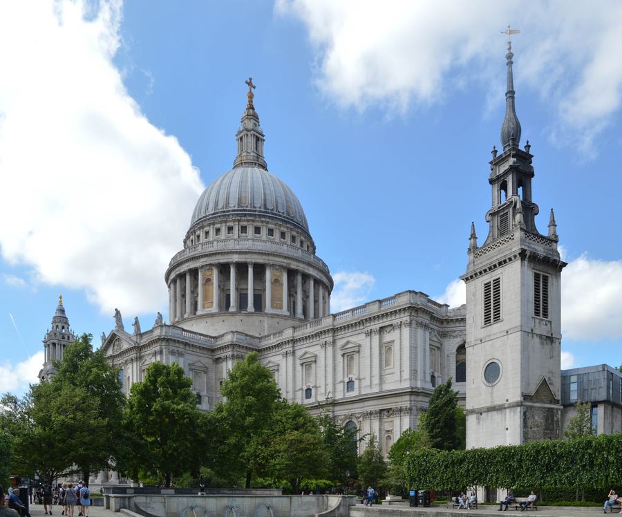 St Paul's Cathedral from the south-east on a clear day, the dome and the south transept with the spire of St Augustine Watling Street beside it.