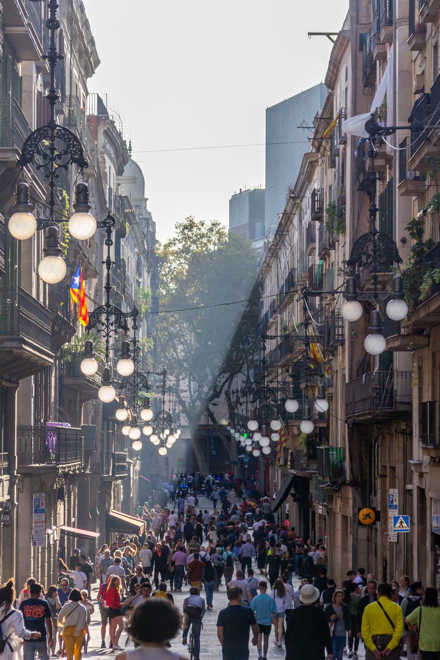 A narrow straight street in Barcelona's Gothic Quarter, crowded with pedestrians, cast-iron lamp standards on both facades, low sun down the length of it.
