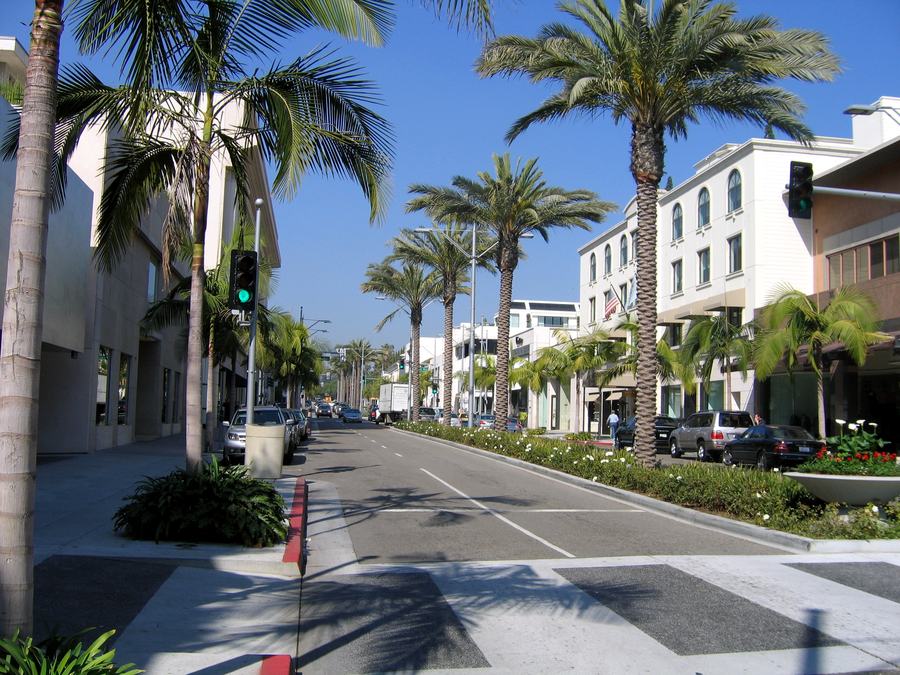 Wide shopping street lined with palm trees and low white storefronts