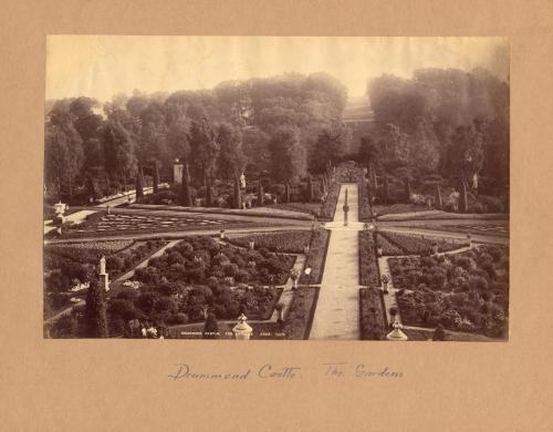 Victorian albumen photograph of Drummond Castle gardens from the terrace, captioned Drummond Castle, The Gardens