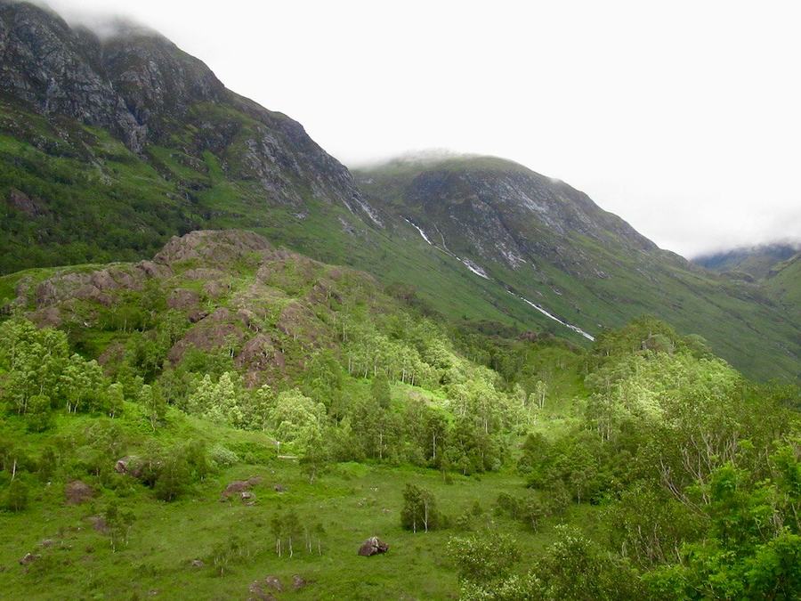 Birch trees and rocky knolls on the floor of Glen Nevis with cloud on the hillsides above
